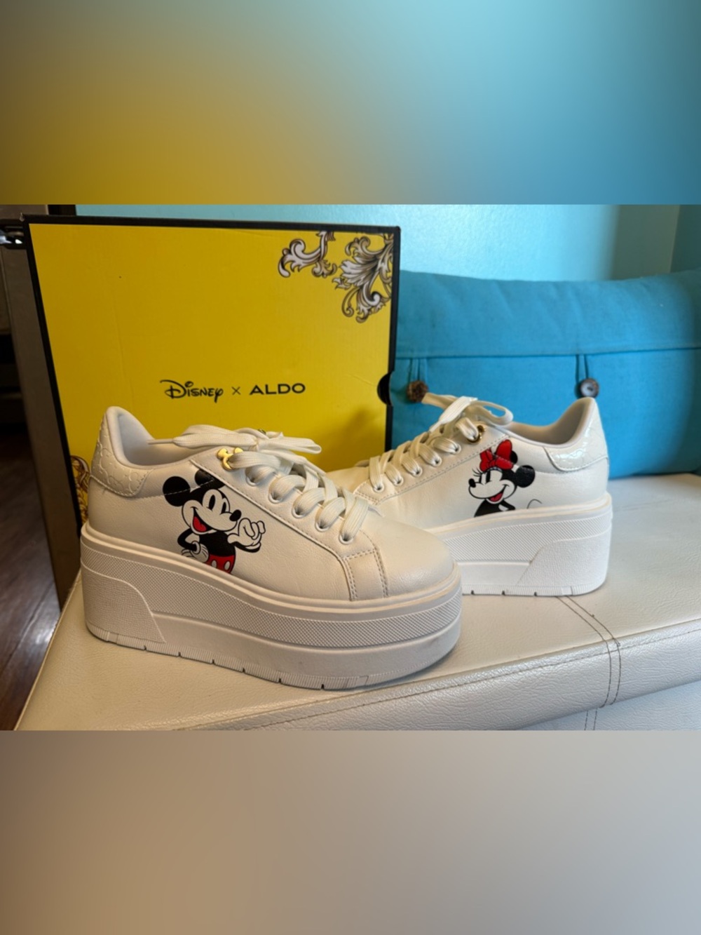 Aldo White Platform Sneakers with Mickey and Minnie Graphic